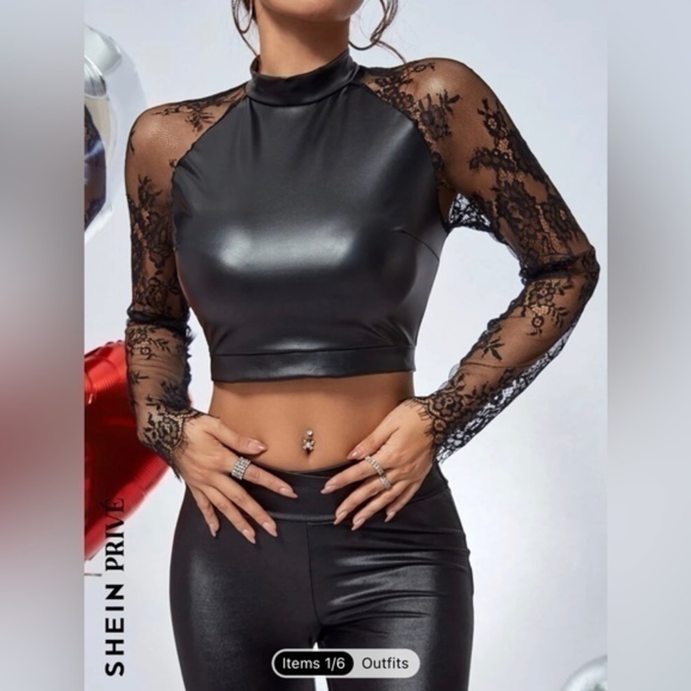 SHEIN  Privé Contrast Lace PU Crop Top